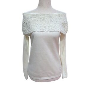 Bette Paige Cream Crochet Off Shoulder Sweater Top Womens Coquette Foldover‎